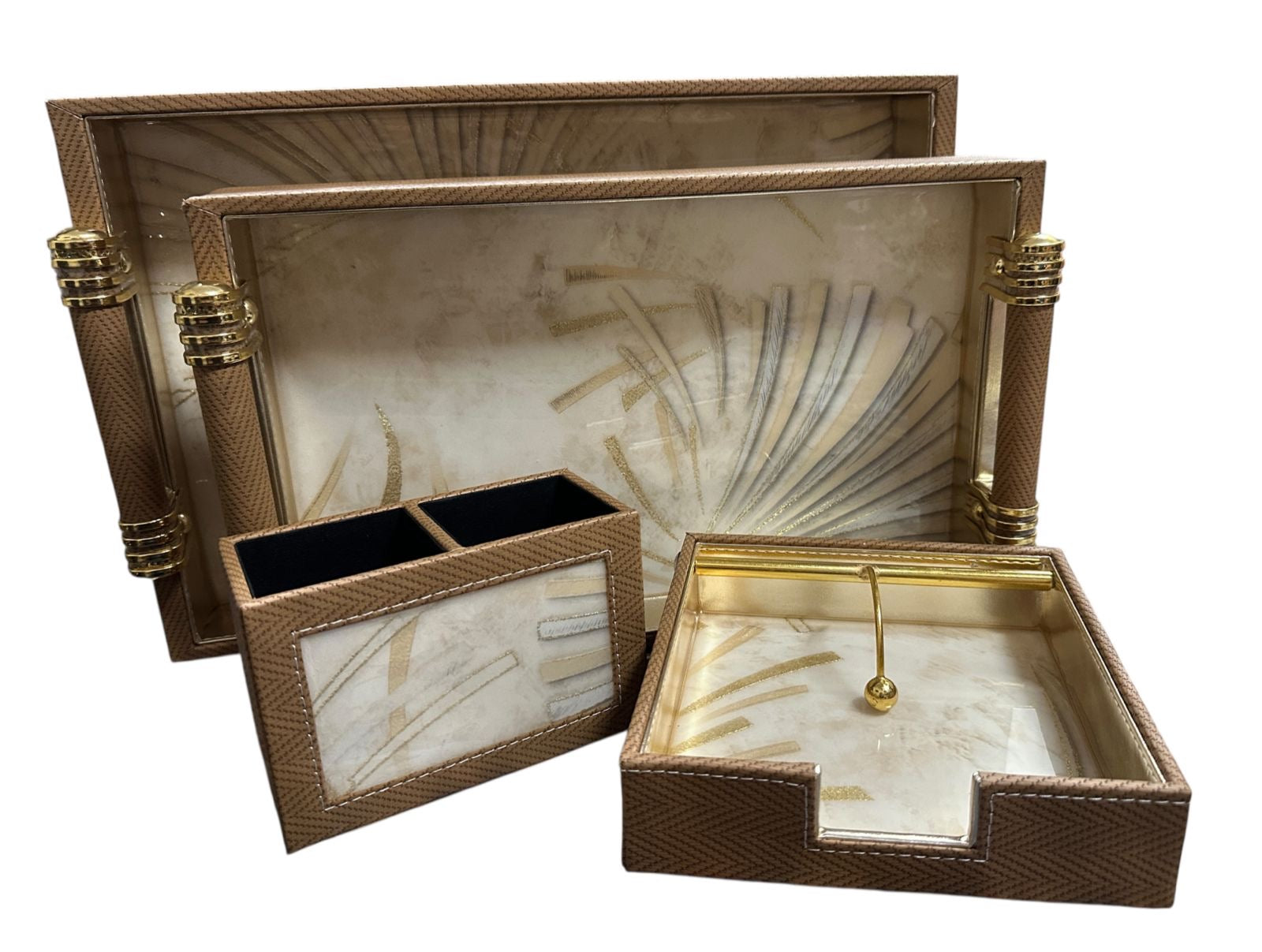 Elegant Decorative Tray Set – MDF & Leatherite with Tissue Box & Cutlery Holder