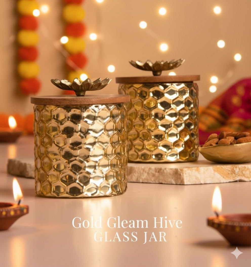 Set of 2 golden honey comb decorative jars with lid metal storage canister for home decor